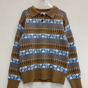 Ami Geometric Brown and Blue Turtleneck Sweater